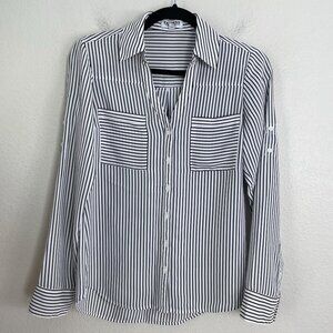 Express Portofino Shirt Womens XS Slim Fit Black White Striped Button Up Blouse